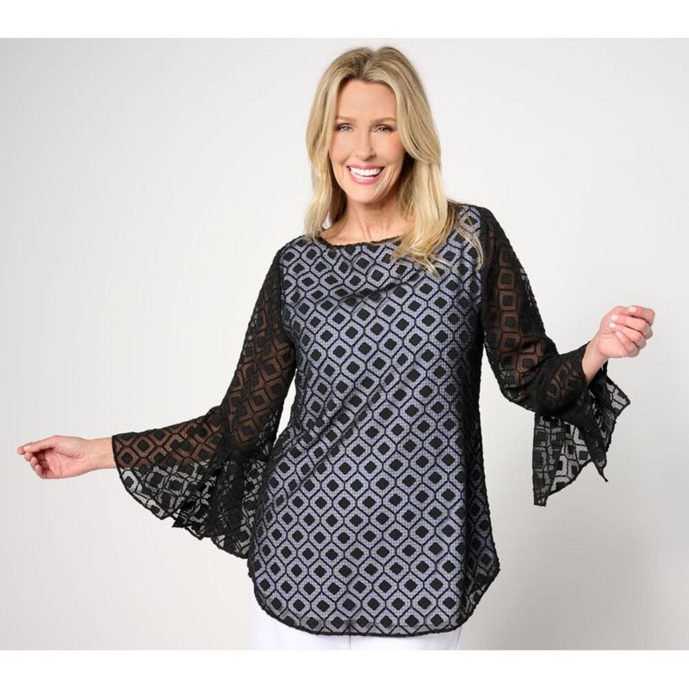 Dennis Basso Women's Top Sz S Bateau Neck Tunic Flounce Sleeves Black